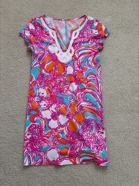 Lilly Pulitzer Brewster T-shirt Dress, floral Pima cotton sz M soutache notch